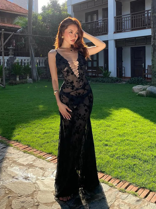 Flocking Shirring Dress Women Sexy Deep V-Neck See Through Backless Sleeveless Beach Vacation Party Clubwear Bodycon