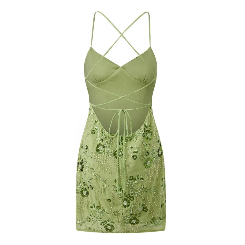 Sequin Beaded Cami Mini Dress Sexy Front V Neckline Sleeveless Short Dresses for Women Backless Criss Cross Straps Dress