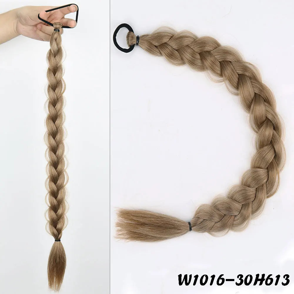 24inches Synthetic Long Braided Ponytail Hair Extensions for Women Black Brown Pony Tail with Hair Rope High Temperature Fiber