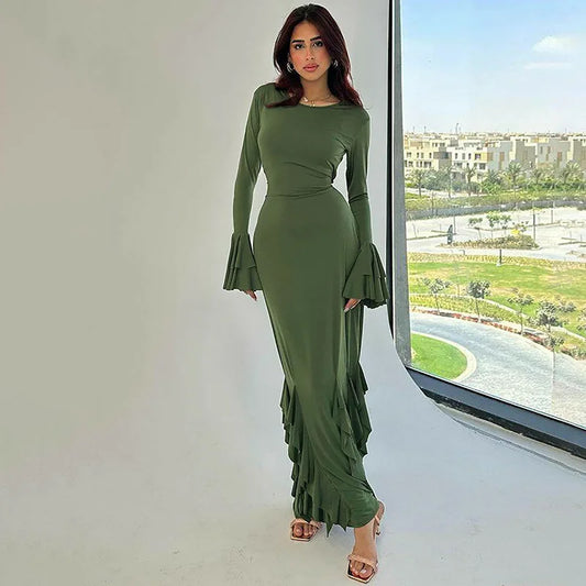 Lace Up Ruffled Flare Sleeve Long Dresses Fall Clothes 2024 Women Green Dress Elegant