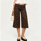 Fold Over High Waist Polka Dot Wide Leg Culottes Women Casual Loose Cropped Pants Elastic Waist Summer Beach Trousers