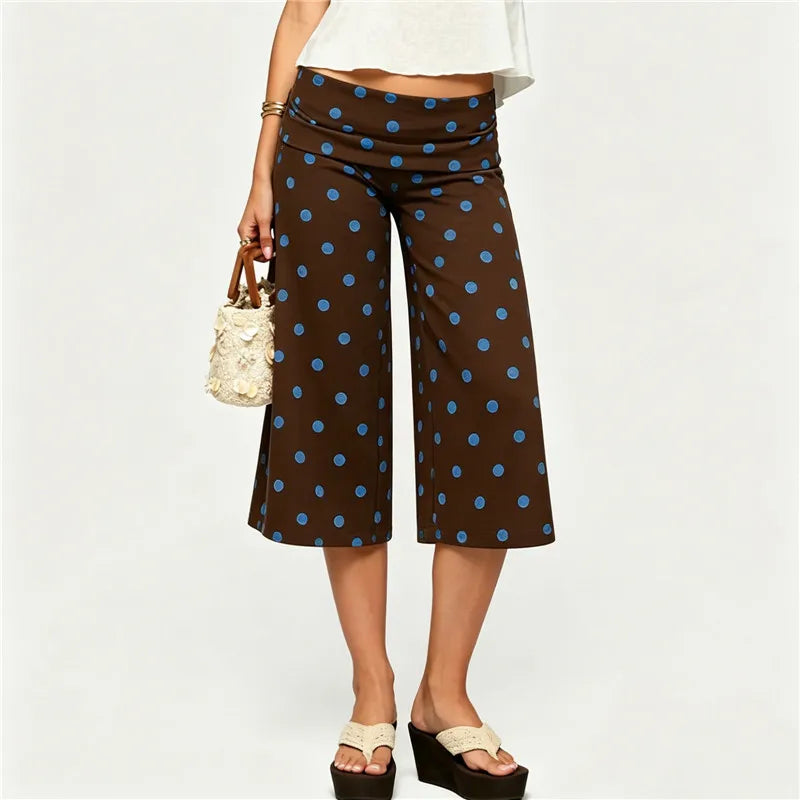 Fold Over High Waist Polka Dot Wide Leg Culottes Women Casual Loose Cropped Pants Elastic Waist Summer Beach Trousers