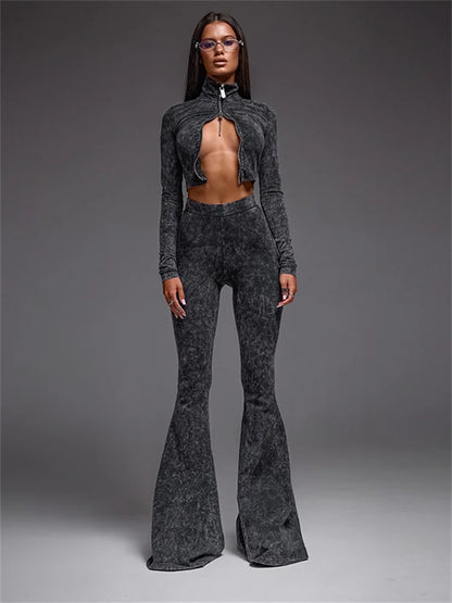 Sexy Fashion 2 Piece Set Women Zip Cardigan Crop Tops+Skinny Straight Flared Pants Hot Girls Street Hipster Outfits