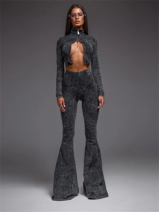 Sexy Fashion 2 Piece Set Women Zip Cardigan Crop Tops+Skinny Straight Flared Pants Hot Girls Street Hipster Outfits
