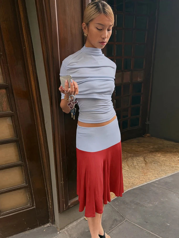 Fashion Summer 3-Piece Set Women Turtleneck Folds Shawl+Simple Solid Tank Tops+Patchwork Color Blocking Skirt Outfit