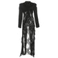 Jacquard Patchwork Long Coat Women Autumn Trend Elegant Irregular Hem Full Sleeve Bandages Dell V-Neck Chic Streewear