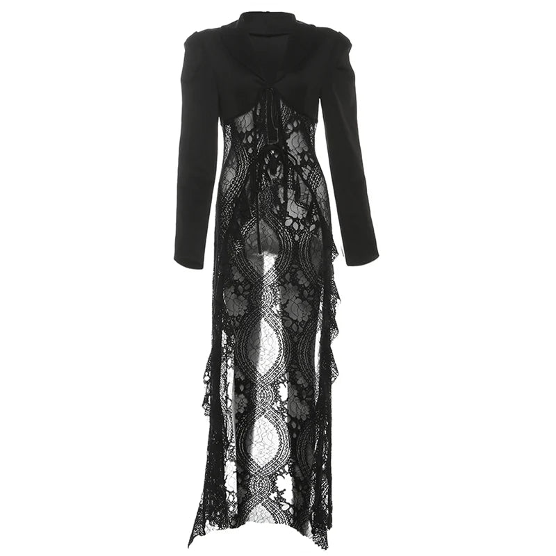 Jacquard Patchwork Long Coat Women Autumn Trend Elegant Irregular Hem Full Sleeve Bandages Dell V-Neck Chic Streewear