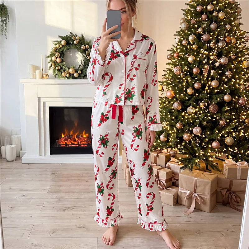 Satin Women Christmas Pajama Set Ruffle Trim Long Sleeve Shirt And Pants Santa Candy Cane Print Holiday Sleepwear