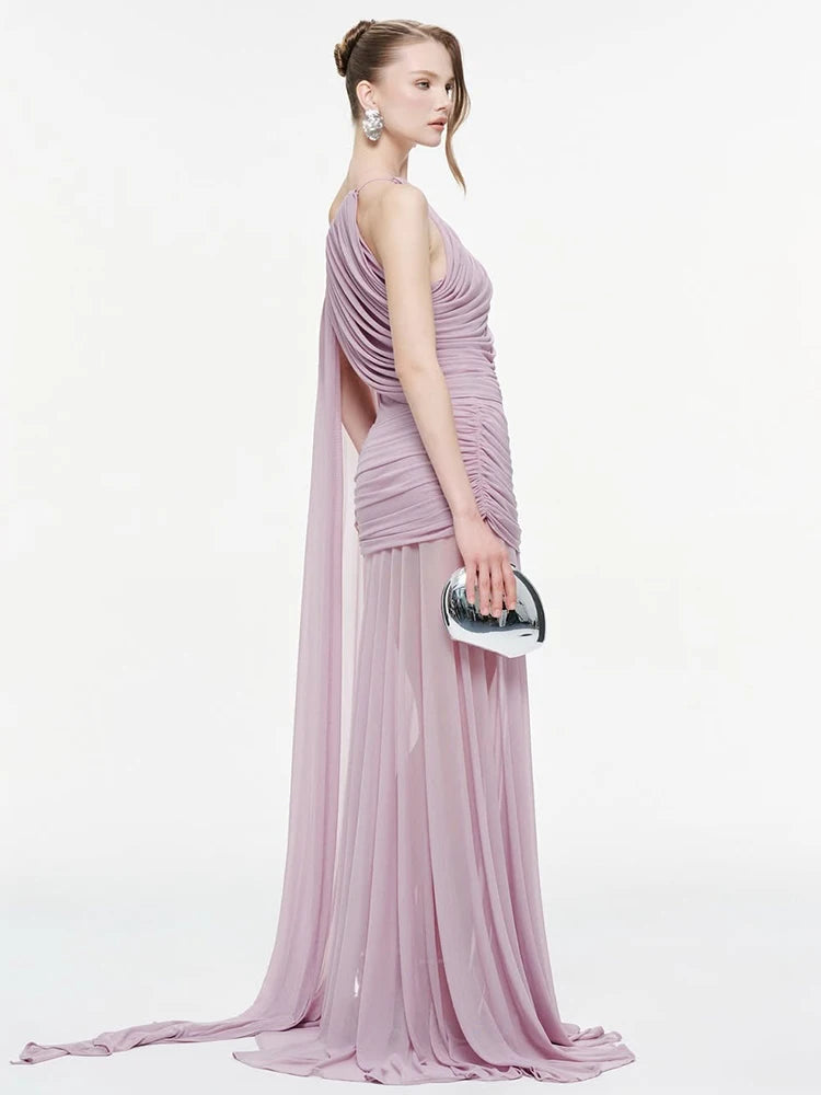 See Through Hem Maxi Dress Women Inclined Shoulder Folds Long Tassel Sleeveless Elegant Vacation Party Chic Vestidos