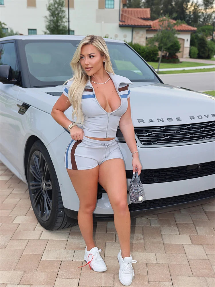 Stripe Print Sporty Style 2-Piece Set Lapel Zipper t-Shirt+Drawstring Simple Short Street Leisure Summer Fashion Suit