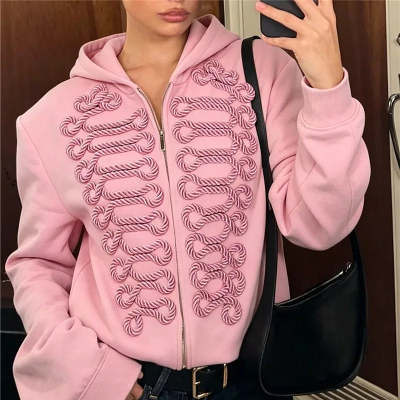 Y2K Women Structured Shoulder Zip Hoodie 3D Rope Embroidery Braid Trim Jacket Street Fashion Casual Winter Hooded Coat