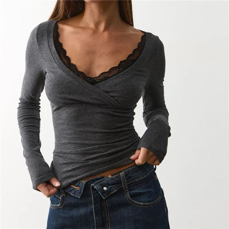 Lace Trim V Neck Wrap Long Sleeve Crop Top Women Slim Ruched Solid Color Basic Layering T Shirt Autumn Going Out Blouse