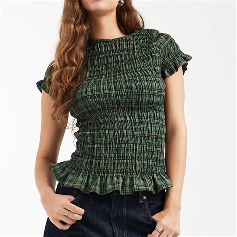 Women Gingham Plaid Smocked Blouse Short Sleeve Ruffle Trim Crew Neck Slim Fit Top Cottage Y2K Casual Summer Streetwear