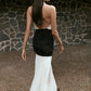Deep V Neck Backless Pleated Long Dresses Black and White Patchwork Sexy Party Dresses Woman Elegant