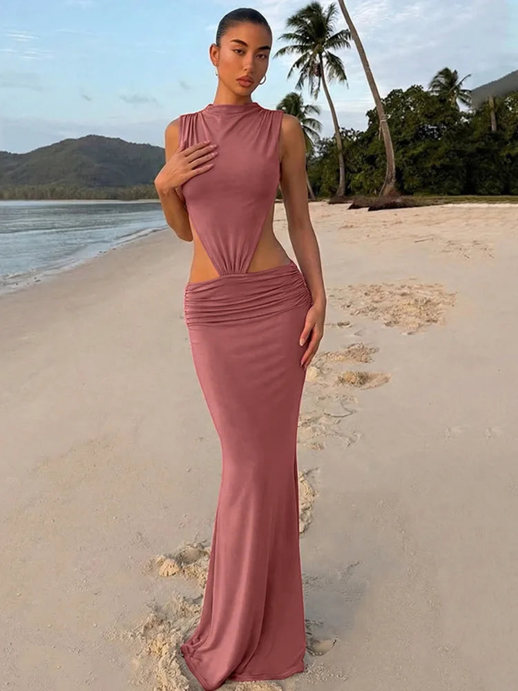 Cutout Backless Sexy Maxi Dress Women Elegant High Neck Sleeveless Ruched Bodycon Club Party Beach Long Dress Female