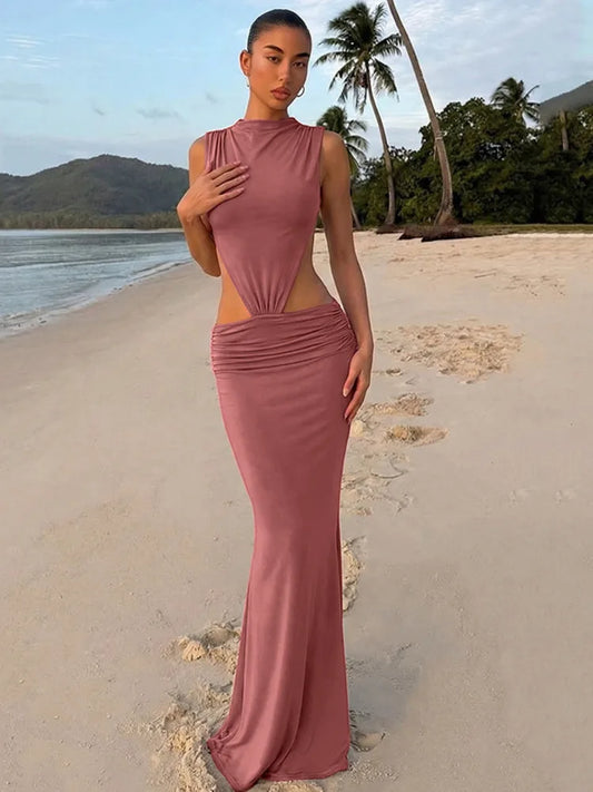 Cutout Backless Sexy Maxi Dress Women Elegant High Neck Sleeveless Ruched Bodycon Club Party Beach Long Dress Female
