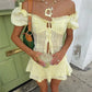 Women Aesthetic Skirts Set Y2k Ruched Button Up Crop Top + Skirt Vintage Puff Sleeve Milkmaid Tees Sweet Girl Streetwear