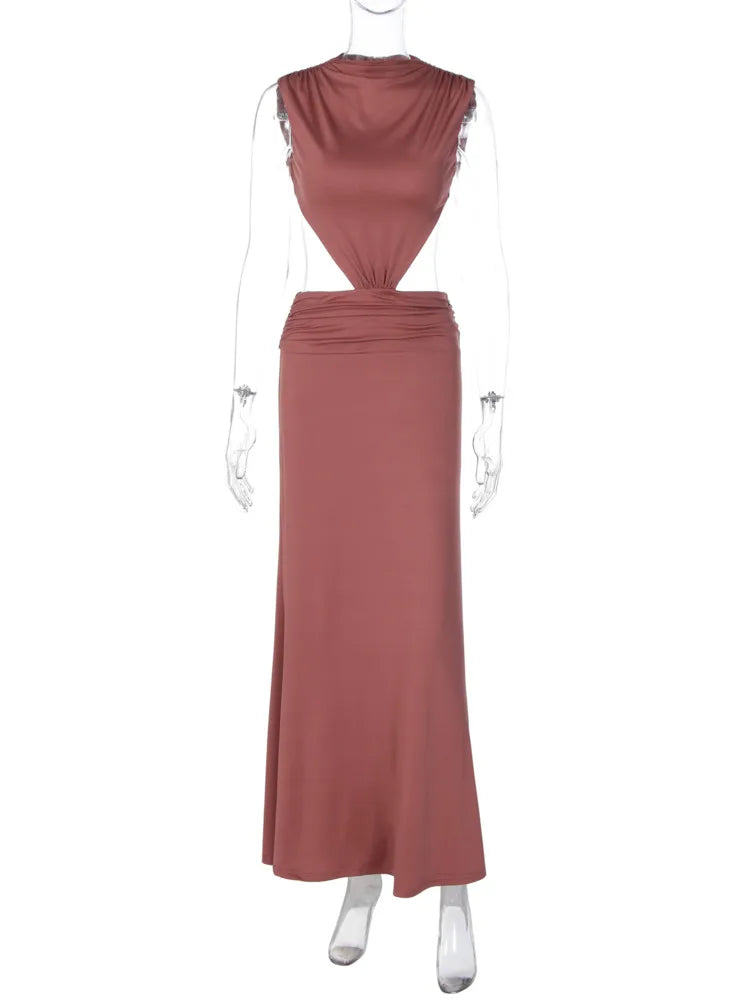 Cutout Backless Sexy Maxi Dress Women Elegant High Neck Sleeveless Ruched Bodycon Club Party Beach Long Dress Female