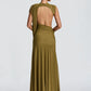 Women High Neck Sleeveless Maxi Dress Side Back Cutout Draped Knot Ruched Mermaid Evening Wedding Guest Formal Dress