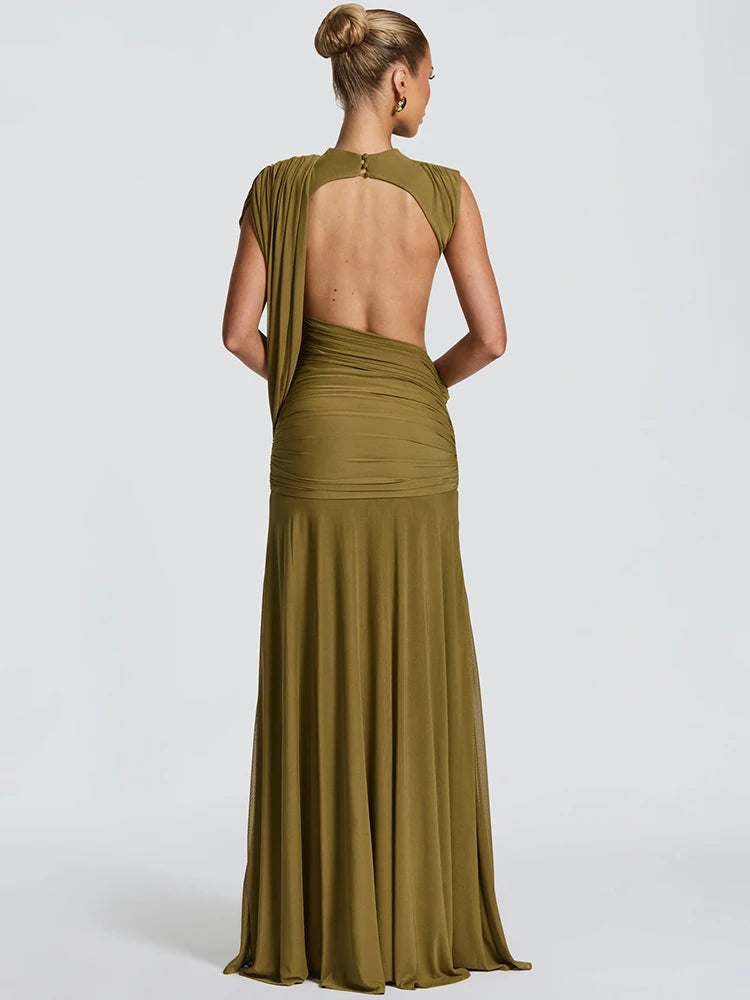 Women High Neck Sleeveless Maxi Dress Side Back Cutout Draped Knot Ruched Mermaid Evening Wedding Guest Formal Dress