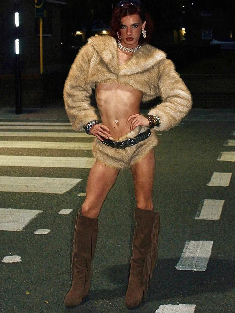 Plush 2-Piece Set Women Lapel Full Sleeve Crop Tops+Zipper Mini Shorts Sexy Winter Trend Midnight Street Wild Hottie Suit