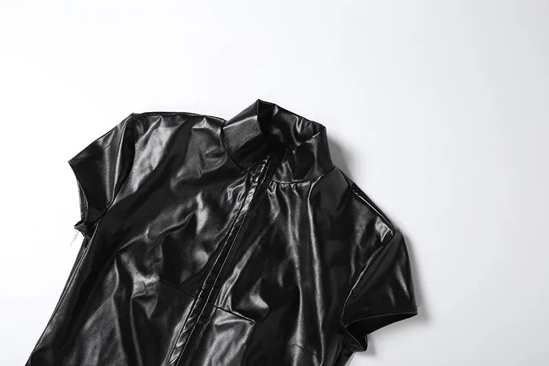 PU Leather Black Crop Tops for Woman Sexy Stand Collar Short Sleeve T Shirts Spring 2026 Fashion