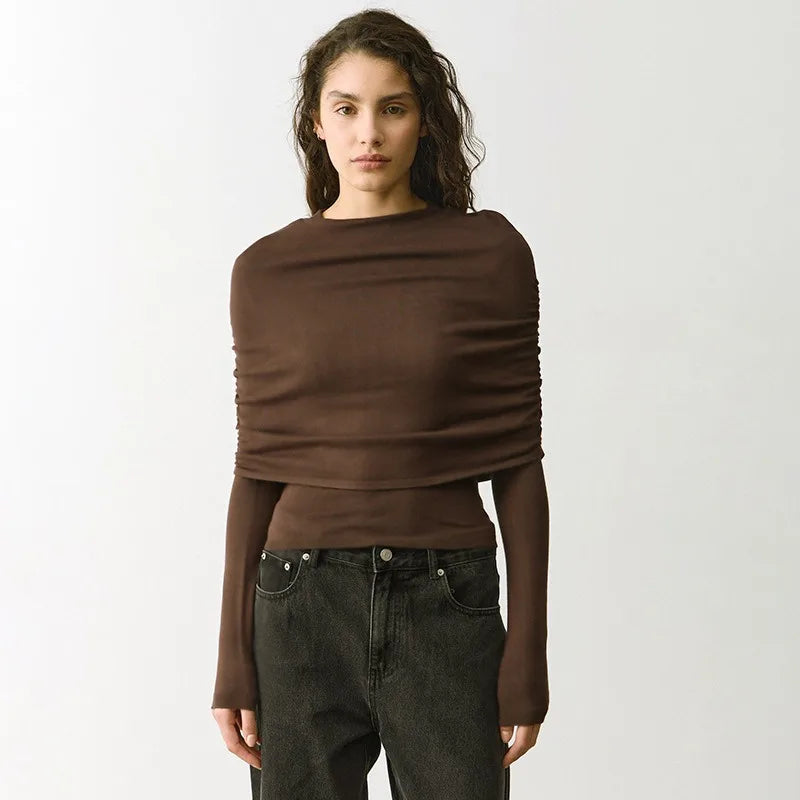 Ruched Overlay Long Sleeve Tops High Quality 2026 Fall T Shirts Woman Clothing