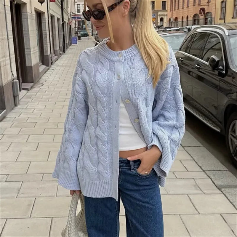 Elegant Twisted Knit Women Cardigan Solid O Neck Full Sleeve Single Breasted Lady Coat Winter Autumn Female Sweater