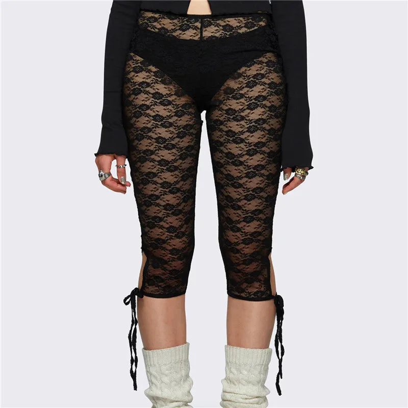 Lace Capri Leggings for Women Y2k Mesh See Through Pants Fairycore Floral Lace Tights Pants for Daily Streetwear