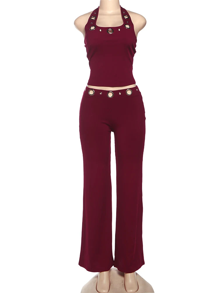 Metal Hollow Women 2 Piece Set Halter Tank Tops+Straight Pants Matching Streetwear Casual Simple Basic Slim Outfits