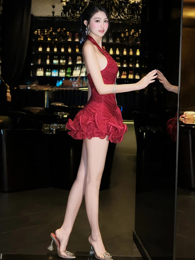 Sexy Backless Halter Puffy Dress Women Crystal Sticker Stripe Sleeveless Ruched Party Club Stretch Trend Mini Bodycon