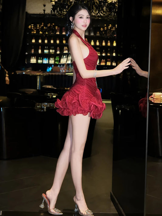 Sexy Backless Halter Puffy Dress Women Crystal Sticker Stripe Sleeveless Ruched Party Club Stretch Trend Mini Bodycon