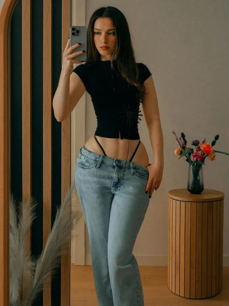 Tassel Applique Crop Tops Women Single-Breasted Half-High Neck Tassel Midnight Hottie Versatile Street Skinny T-Shirt