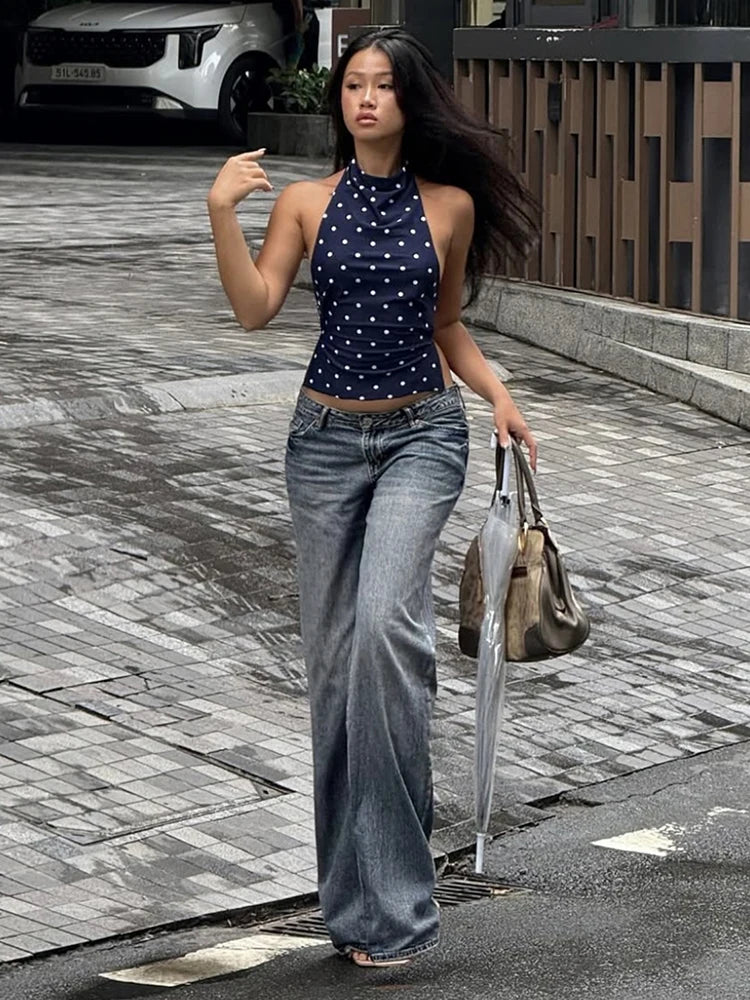 Polka Dot Print Tank Tops Women Halter Backless Skinny Sexy Summer Trend Hottie Street Midnight Coquette Party Vest