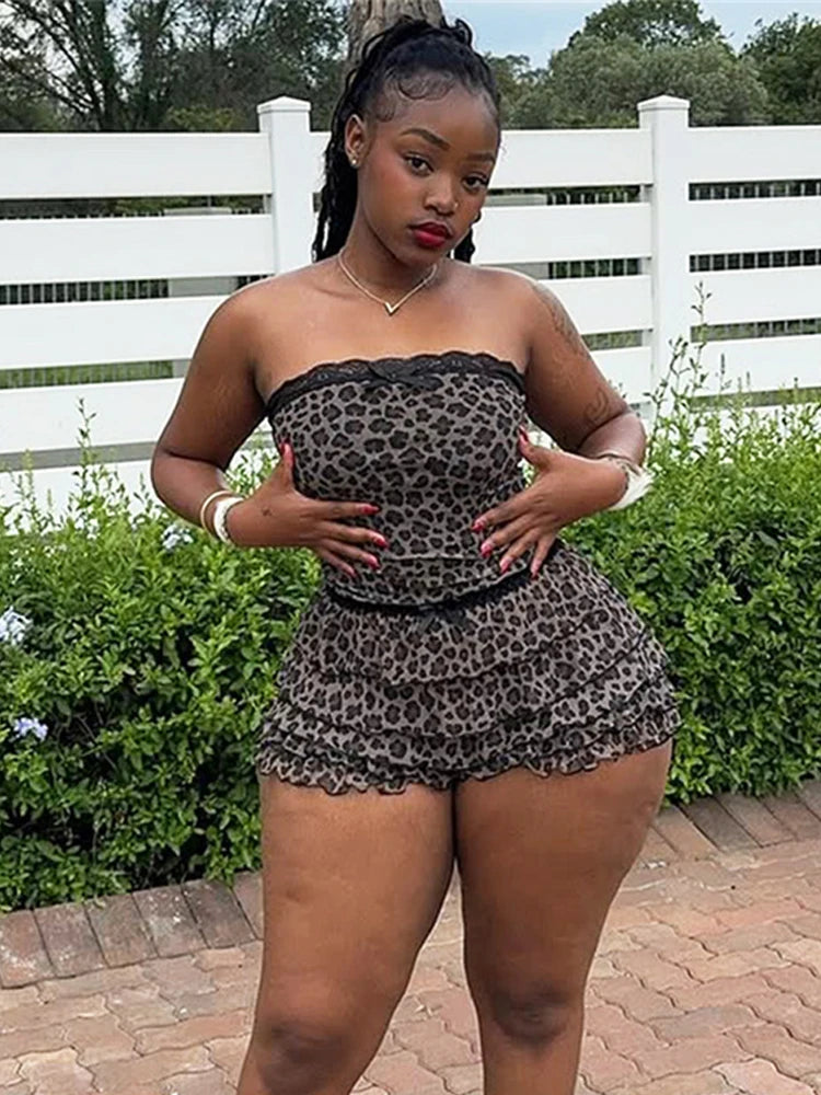 Leopard Print 2 Piece Set Women Sexy Mesh Patchwork Strapless Tops+Ruched Tierred Shorts  Hottie Street Hipster Suits