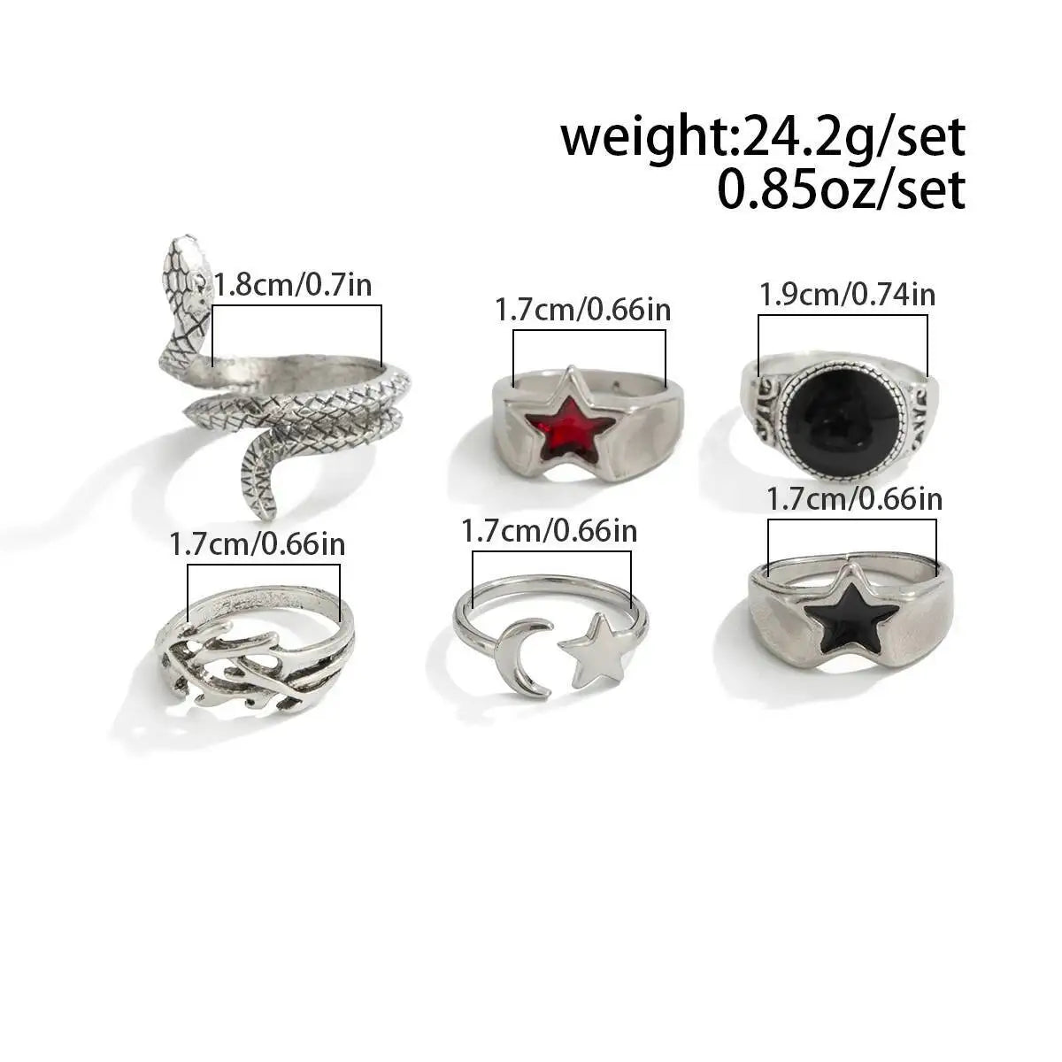 6Pcs New Gothic Snake Open Rings Set for Men Punk Irregular Stars Adjustable Knuckle Ring Halloween Jewelry Accessories