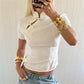 Women White Cheongsam Style Top Short Sleeve Stand Collar Frog Button Blouse Fitted Jacquard Crop Top with Side Slits