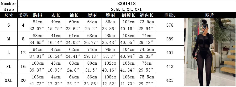 Sexy Patchwork Mesh 2-Piece Set Women Zip O-Neck Long Sleeve Crop Tops+Pants Stretch Matching Midnight Autumn Outfits