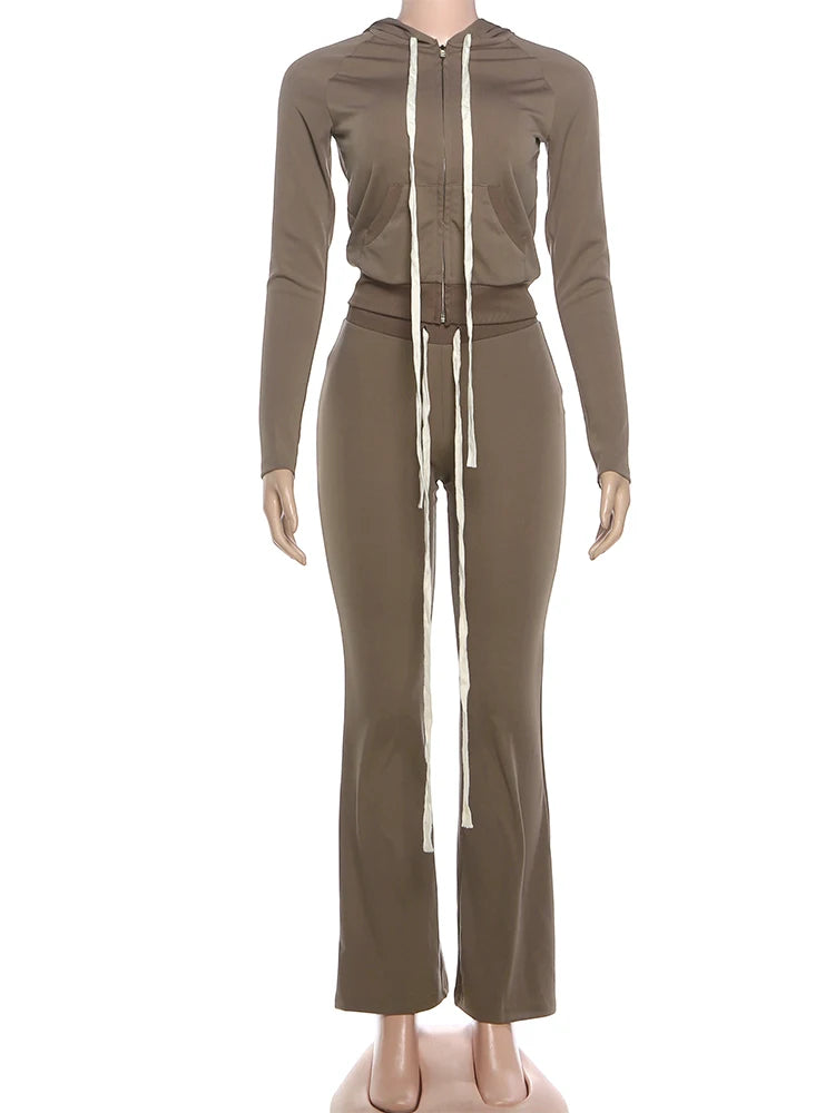 Sporty Tracksuit 2Piece Set Woman Autumn Trend Hooded Shirring Full Sleeve Jacket+Drawstring Long Pants Casual Style Suit