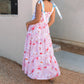 Boho Women's Summer Tie Shoulder Dress Vintage Floral Print Sleeveless Shirred Backless Long Flowy Dress with Pockets