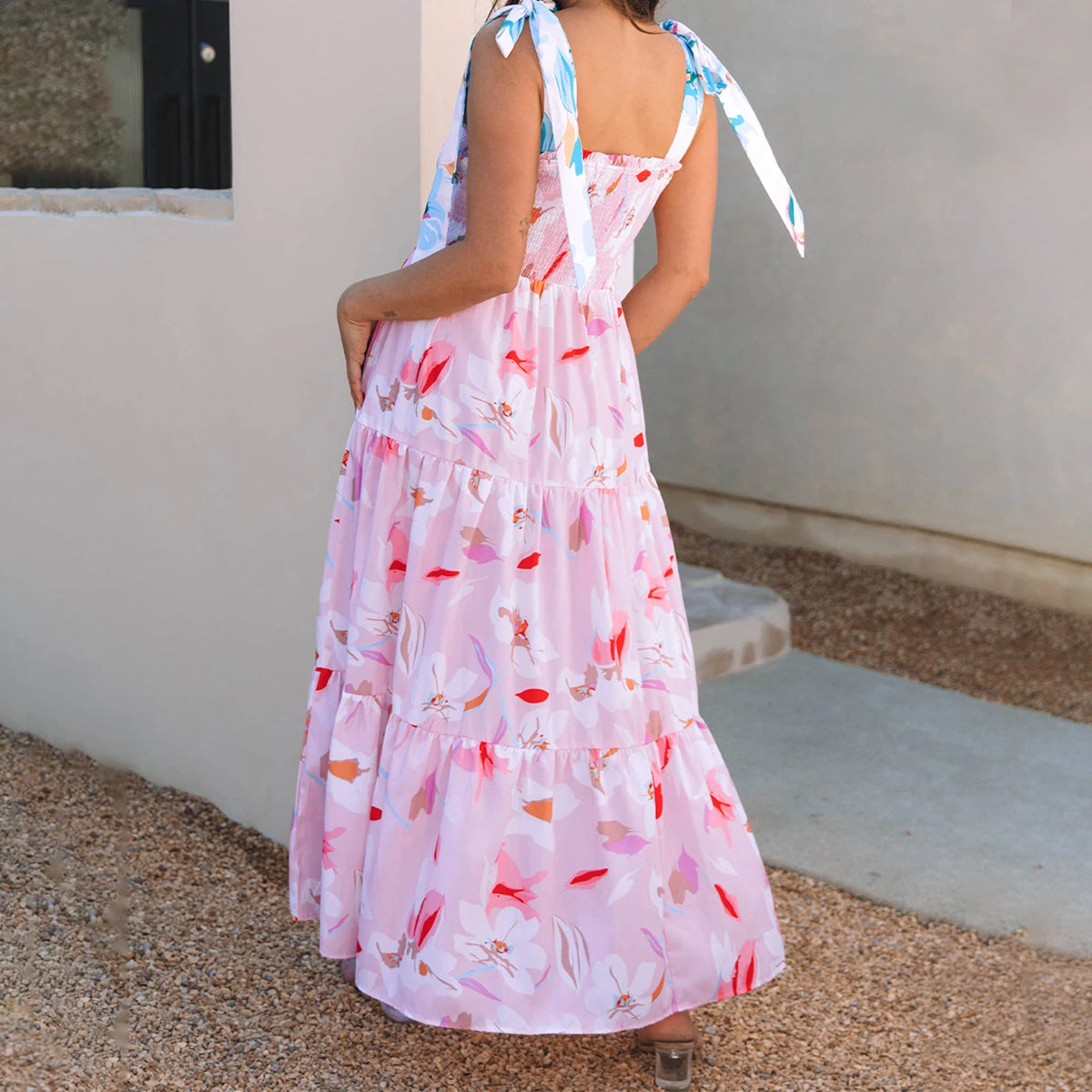 Boho Women's Summer Tie Shoulder Dress Vintage Floral Print Sleeveless Shirred Backless Long Flowy Dress with Pockets
