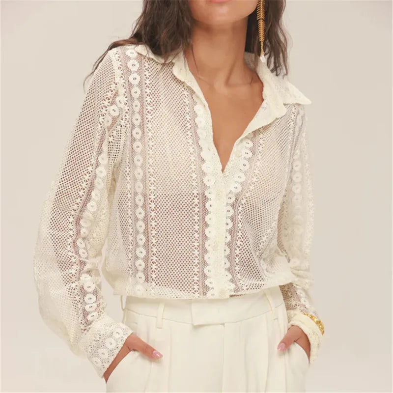 Vintage Long Sleeve Blouses Summer Casual Elegant Ladies Blusas Boho Beach Hollow Out Lace Blouse Shirt for Women Top