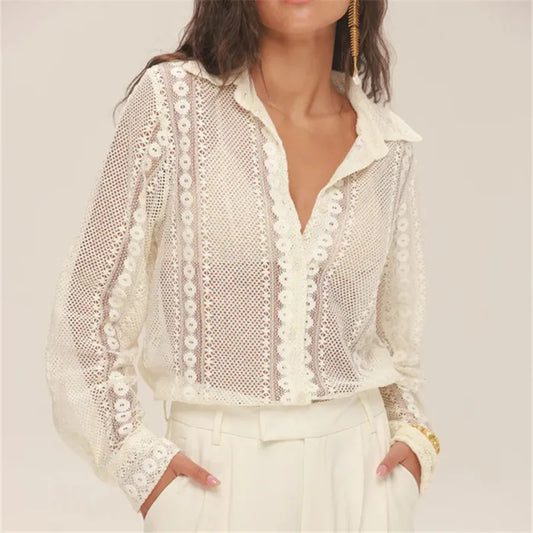 Vintage Long Sleeve Blouses Summer Casual Elegant Ladies Blusas Boho Beach Hollow Out Lace Blouse Shirt for Women Top