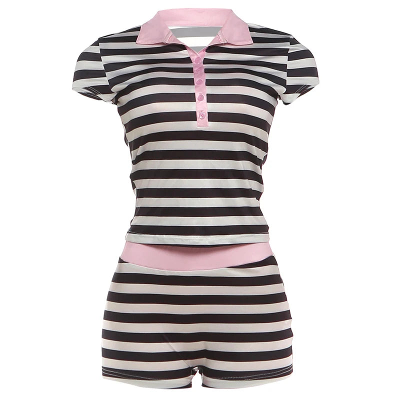 Stripe Print 2 Piece Set Woman Button Lapel Short Sleeve T-Shirts+Elastic Waist Shorts High Street Fashion Outfits