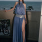 Patchwork Sequin Maxi Dress Women High Side Slit Halter Turtleneck Backless Sleeveless Vacation Summer Chic Vestidos
