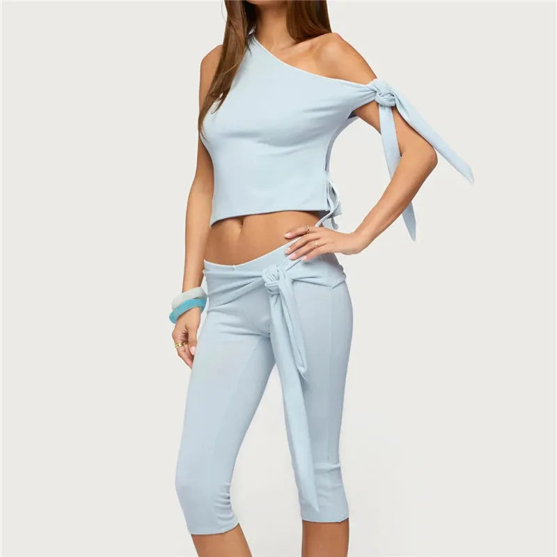 Off Shoulder Tie Detail Crop Top and Tie Waist Capri Pants 2 Piece Set Women Y2K Casual Matching Loungewear Outfit