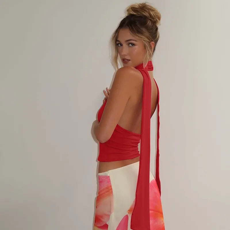 Tie Up Deep V Backless Sexy Crop Tops for Woman Tanks Club Wear Halter Top Summer 2025 Woman Clothing