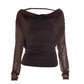 Off The Shoulder Tops with Cowl Neck Sheer Mesh Long Sleeves Shirts for Woman Fashion 2026 Fall Clothing