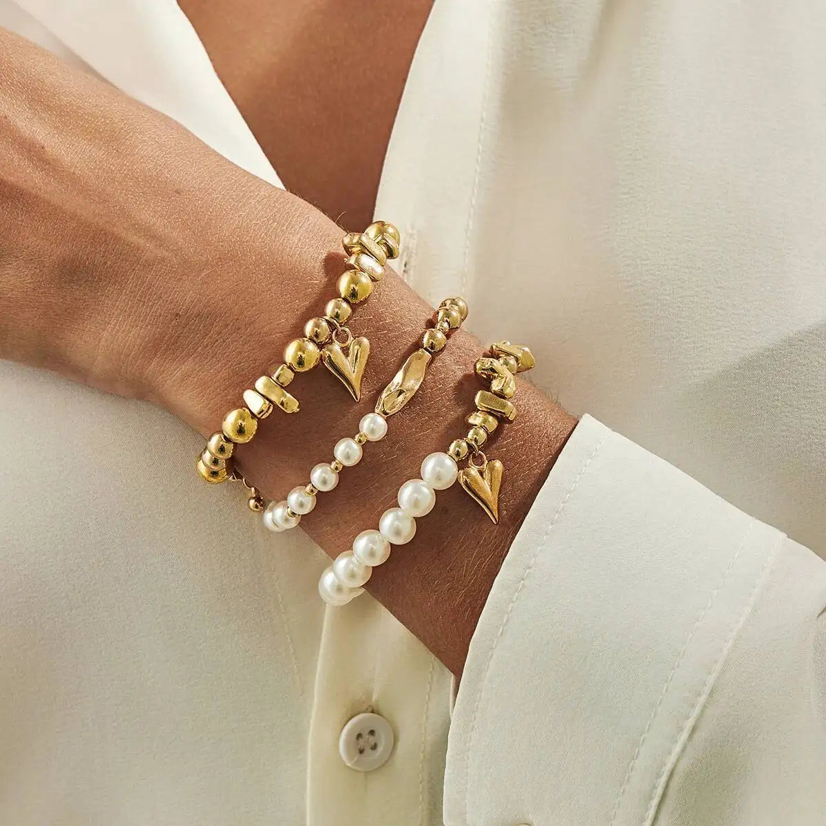 3Pcs/Set Bohemia Triangle Peach Heart Imitation Pearl Bracelets Women Trendy Elegant Bead Charm Bangles Y2K Jewelry ﻿ ﻿