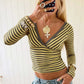 Daily Casuals Fashion Stripes T-Shirt Women Trend Simple V-Neck Line Patchwork Full Sleeve Chic Sporty Street Crop Tees